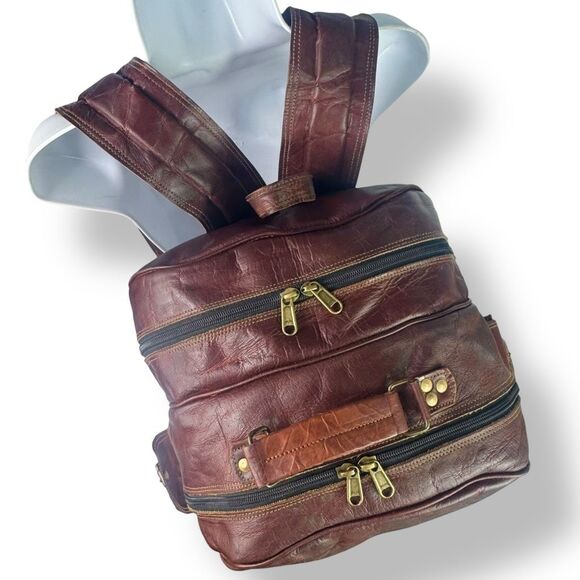 Vintage Distressed Handmade Rugged Rustic Brown Buffalo Leather Backpack Bag - Picture 7 of 11